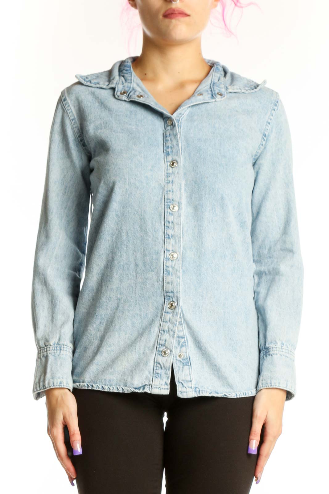 Light Blue Denim Button-Up Shirt Front