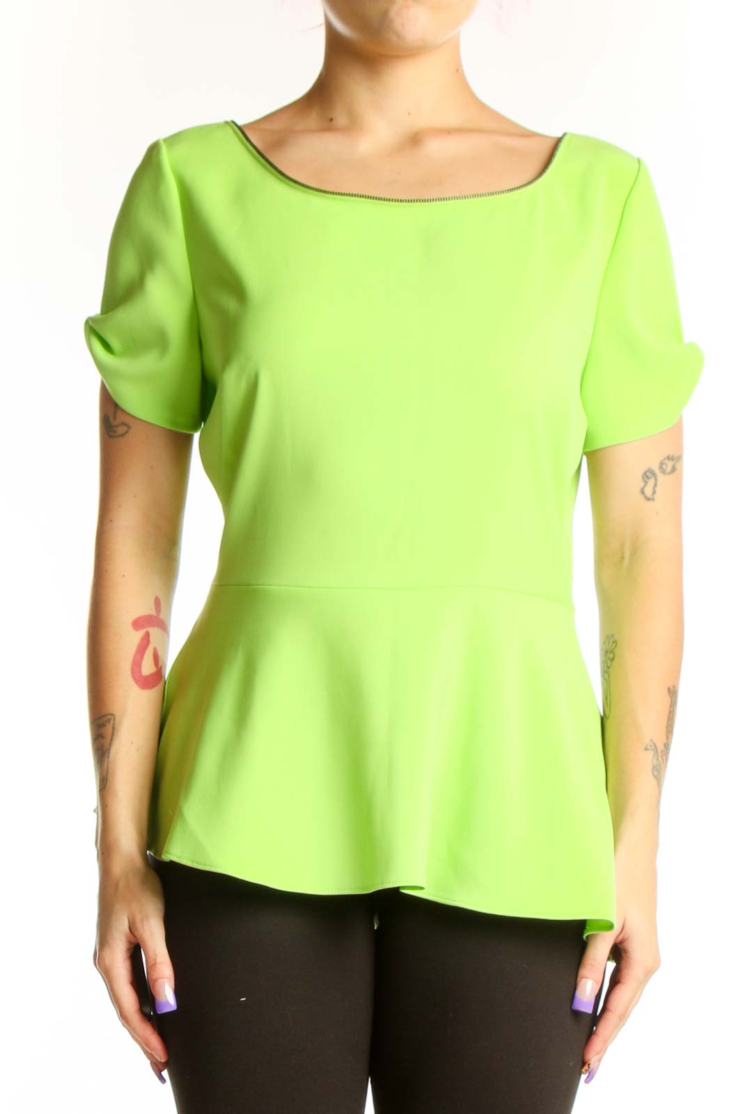 Lime Green Short Sleeve Peplum Top Front