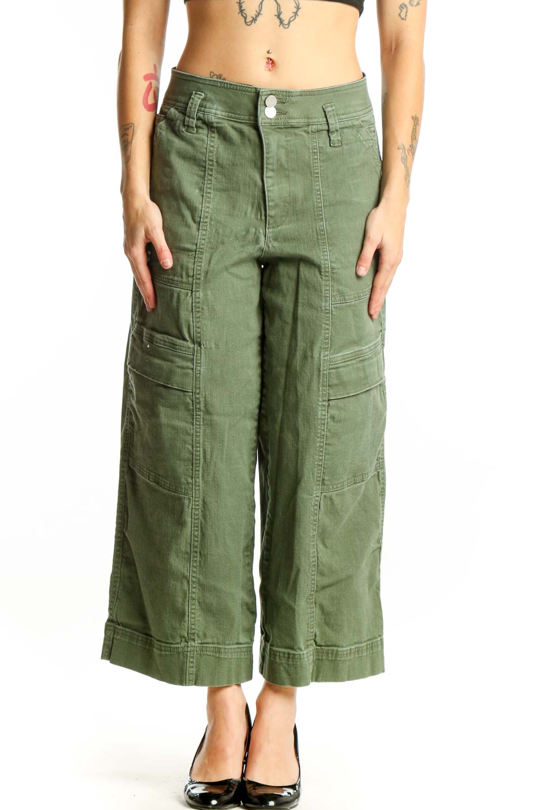 Green Cargo Cropped Pants Front