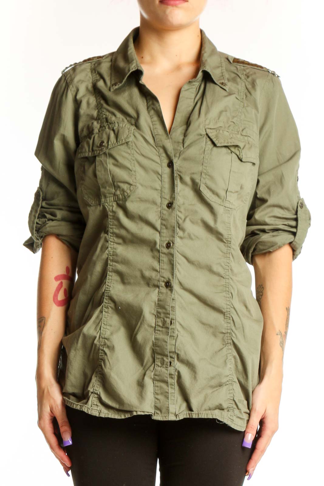Sage Green Cotton Military Shirt Front