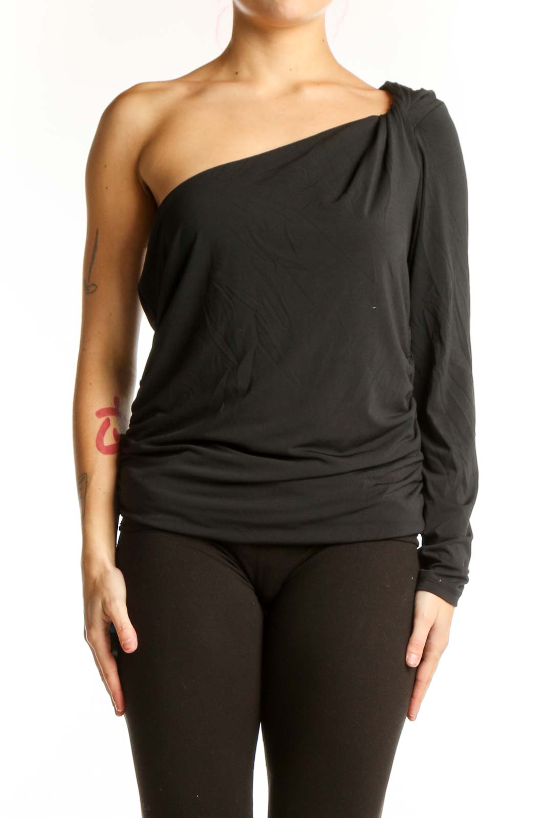 Black One-Shoulder Long Sleeve Top Front