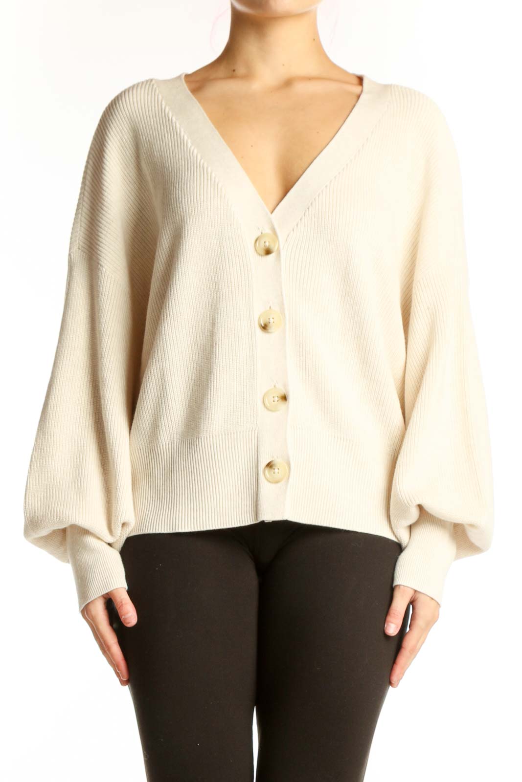 Cream Ribbed Button-Front Cardigan Front