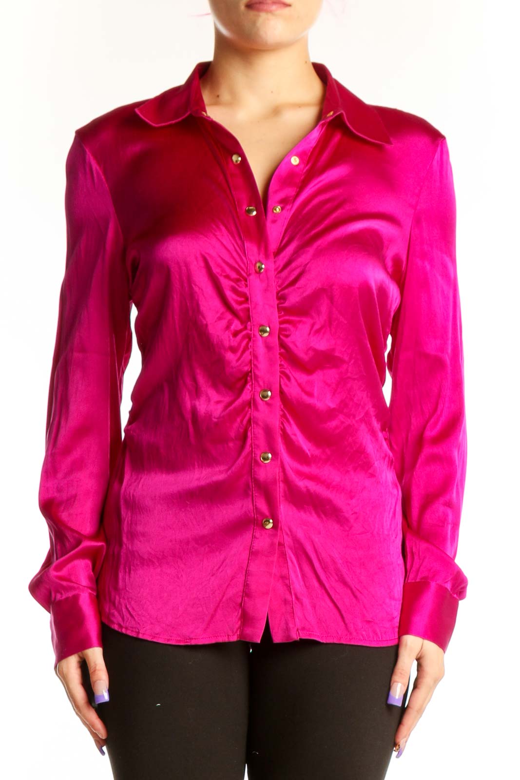 Magenta Silk Ruched Button-Up Blouse Front