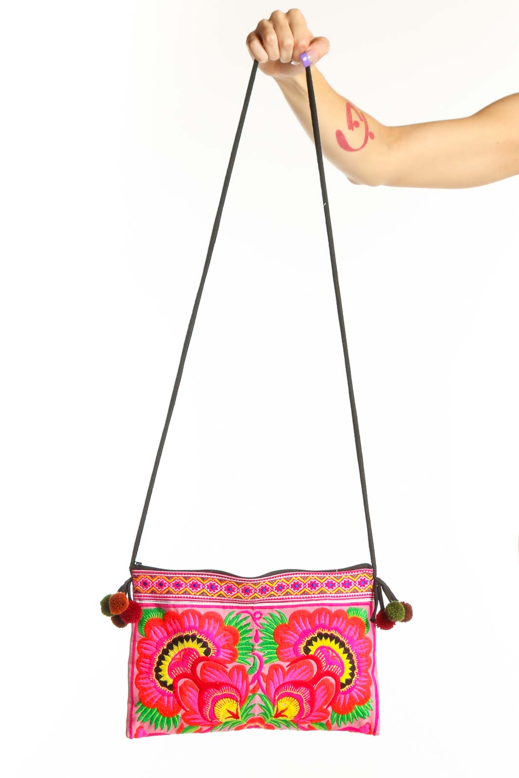 Pink Embroidered Floral Crossbody Bag Front