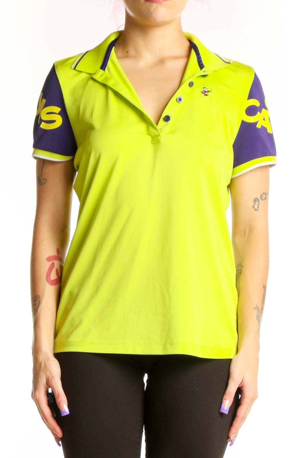 Yellow Neon Polo Shirt with Purple Accents Front