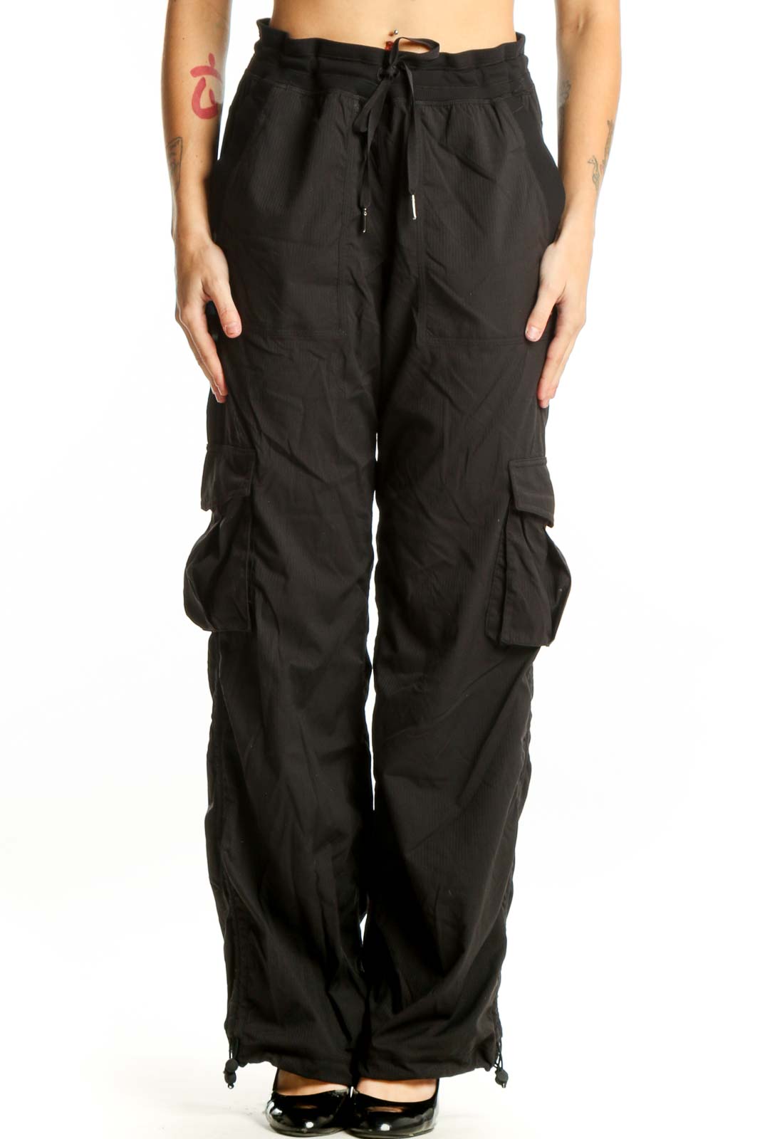 Black Cargo Pants with Side Pockets Front