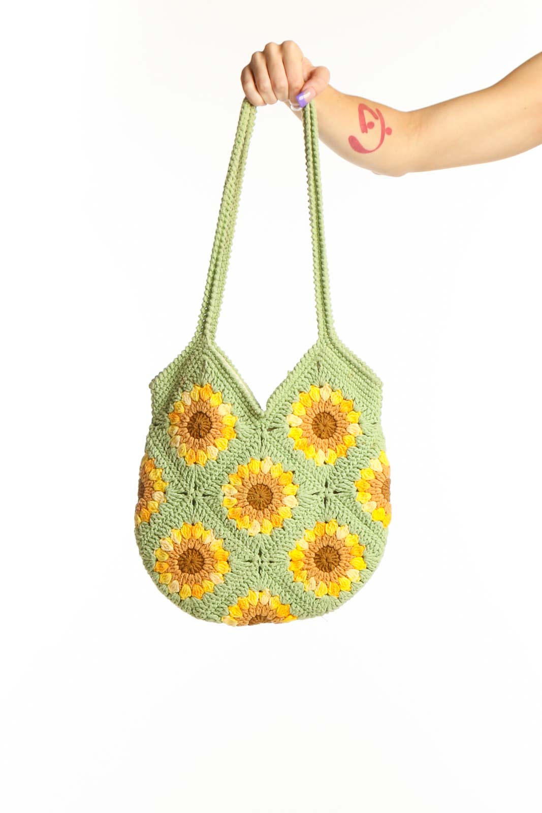 Green Sunflower Crochet Tote Bag Front