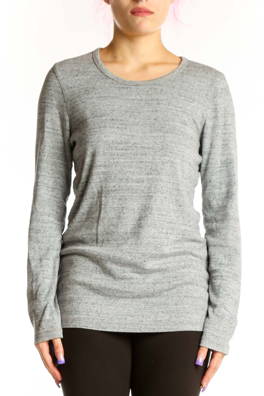 Gray Long Sleeve Crew Neck Top Front