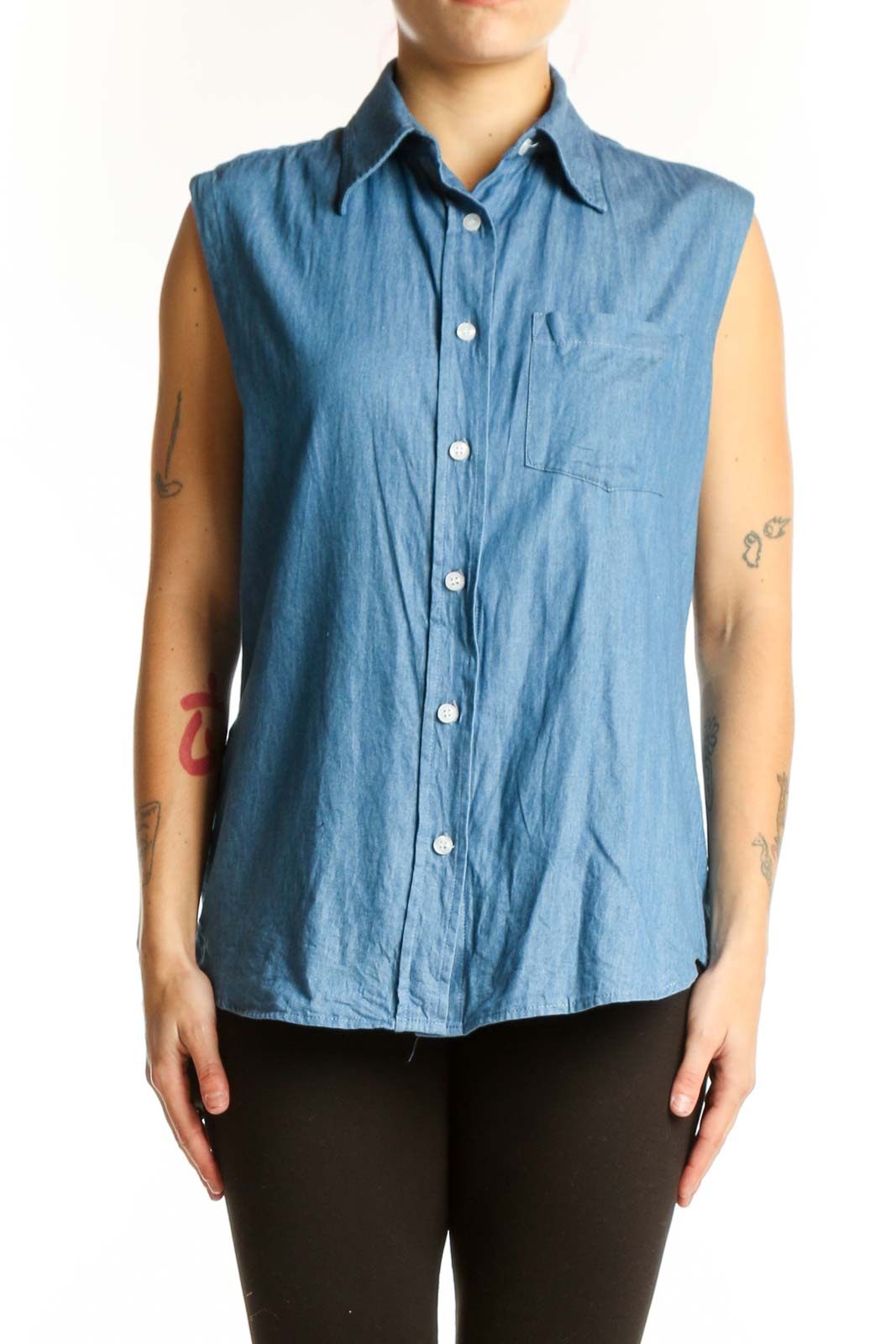 Blue Denim Sleeveless Button-Up Shirt Front