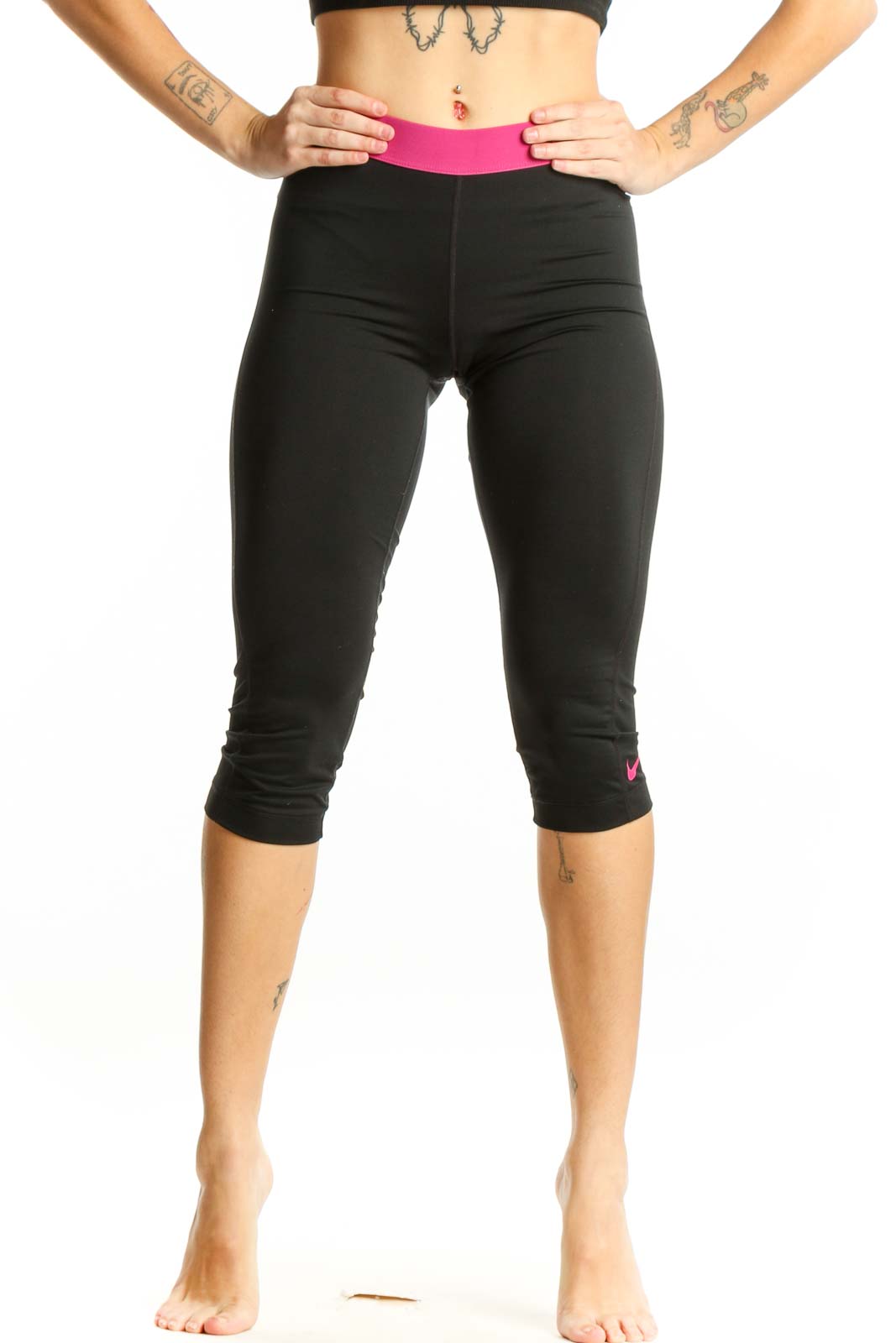 Black Capri Leggings with Pink Waistband Front