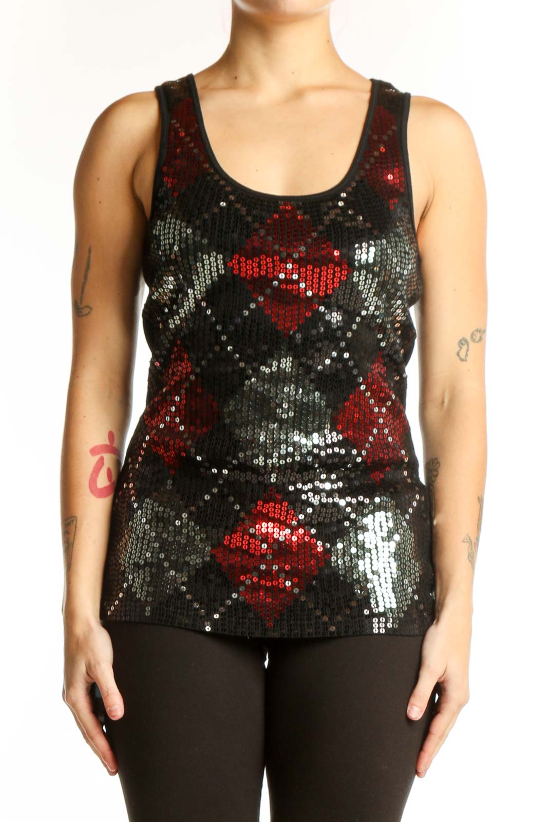 Black Sequin Tank Top with Red Floral Pattern Front