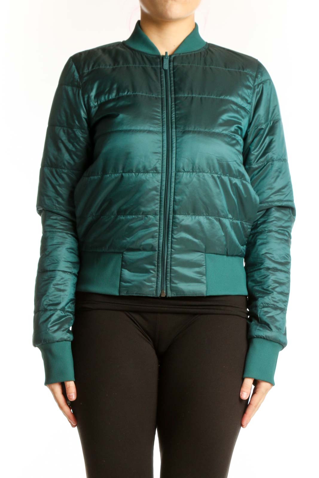 Teal Puffer Bomber Jacket Front