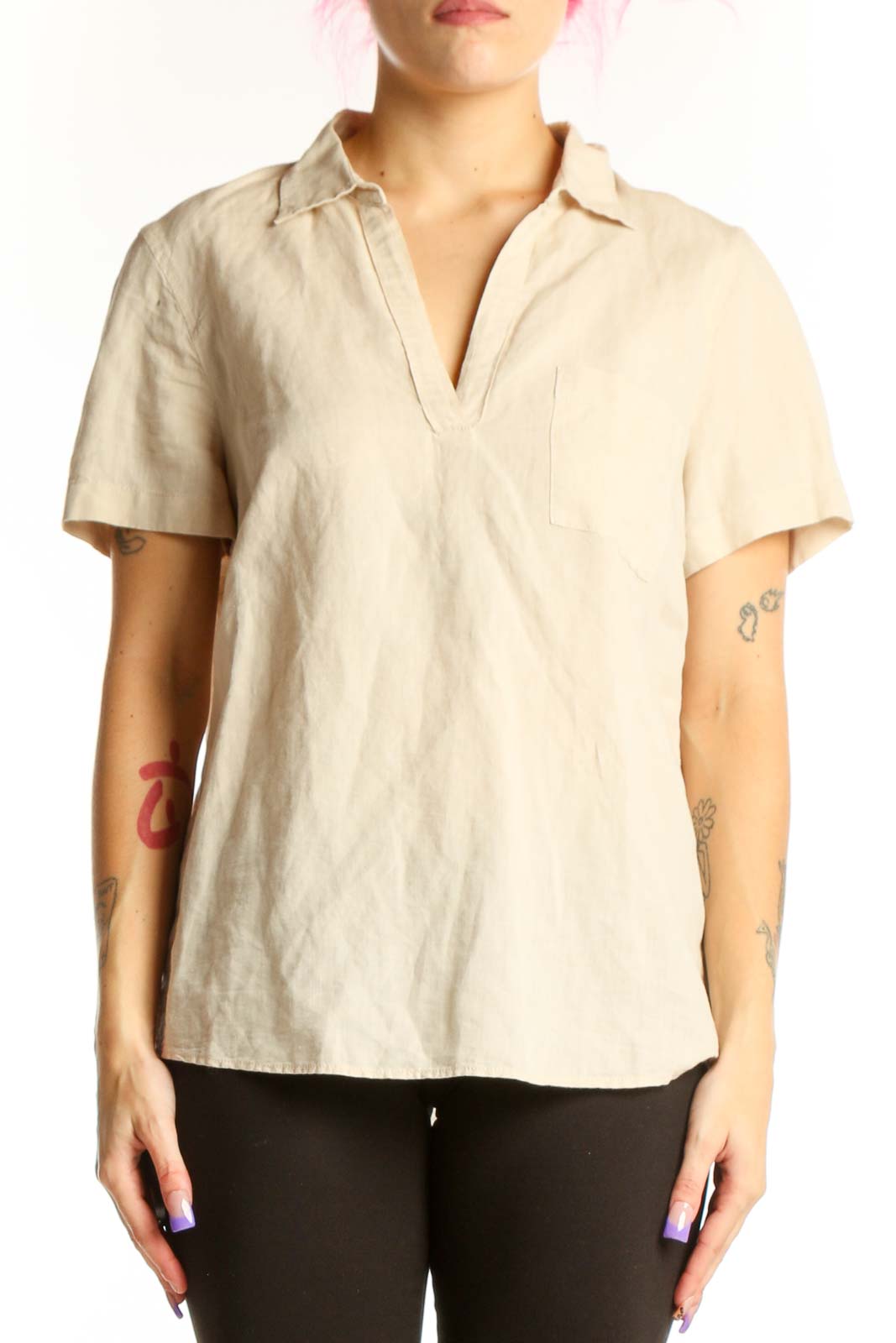 Cream Linen Short Sleeve Polo Top Front