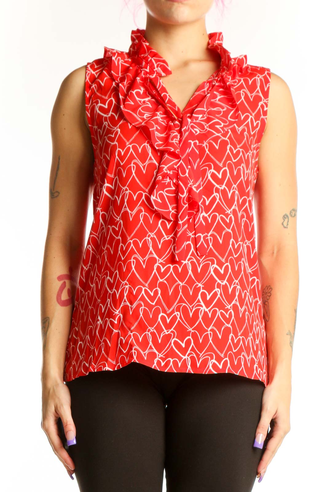 Red Heart Print Ruffle Collar Sleeveless Top Front
