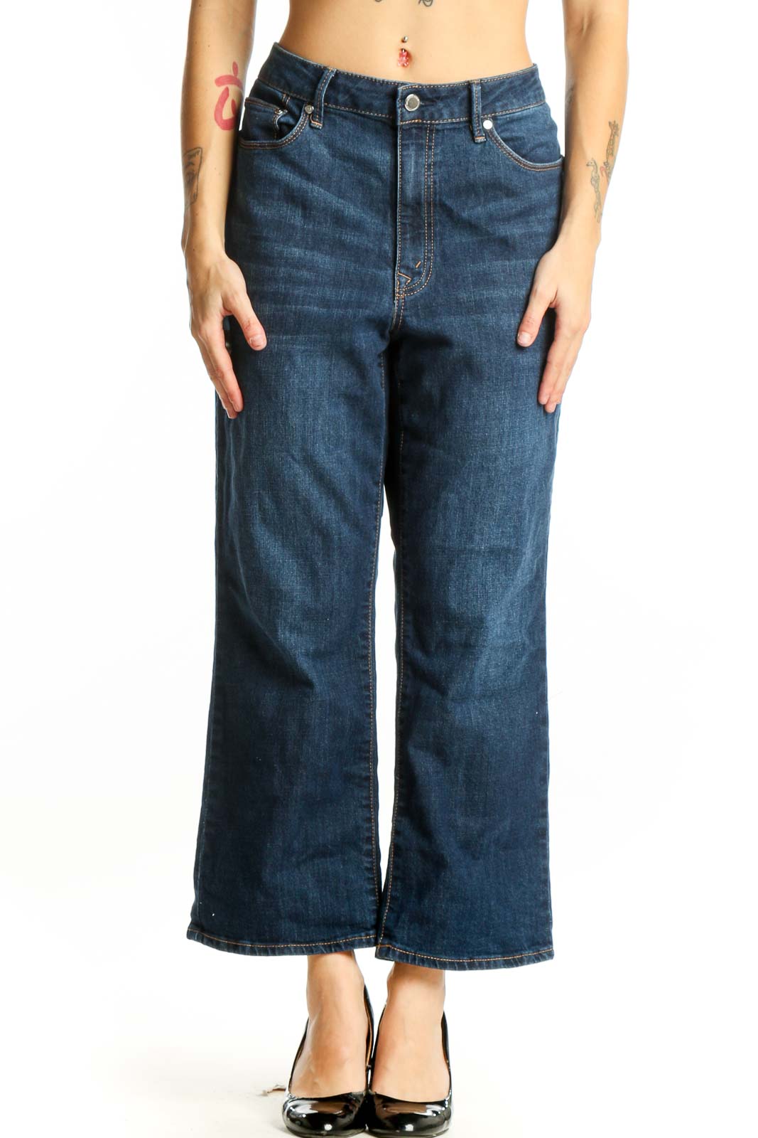 Blue Wide Leg Cropped Denim Jeans Front