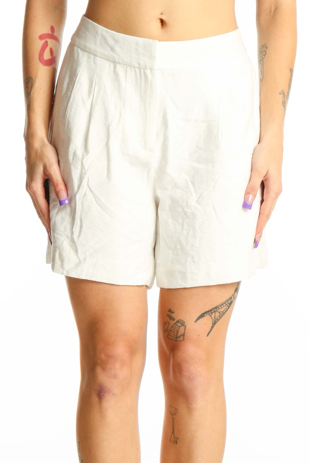 Cream Pleated High-Waist Shorts Front