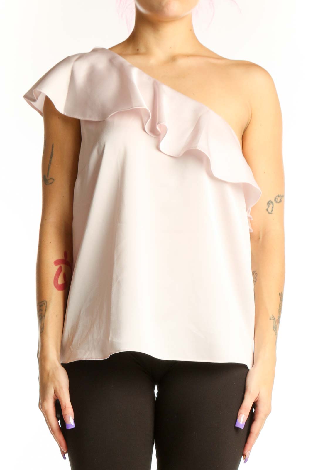 Cream One-Shoulder Ruffle Polyester Top Front