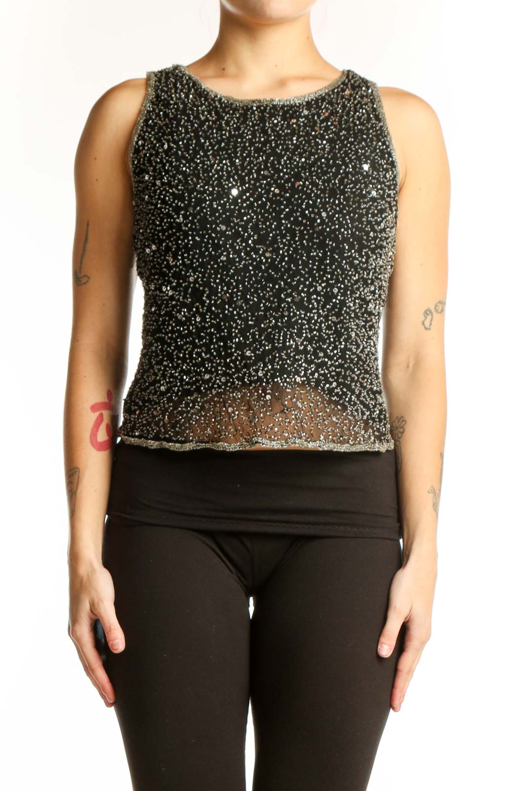 Black Sequin Beaded Sleeveless Tank Top Front