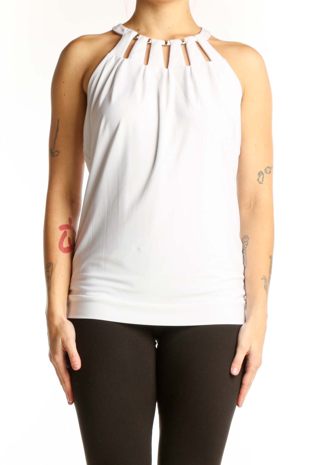 White Halter Neck Pleated Tank Top Front