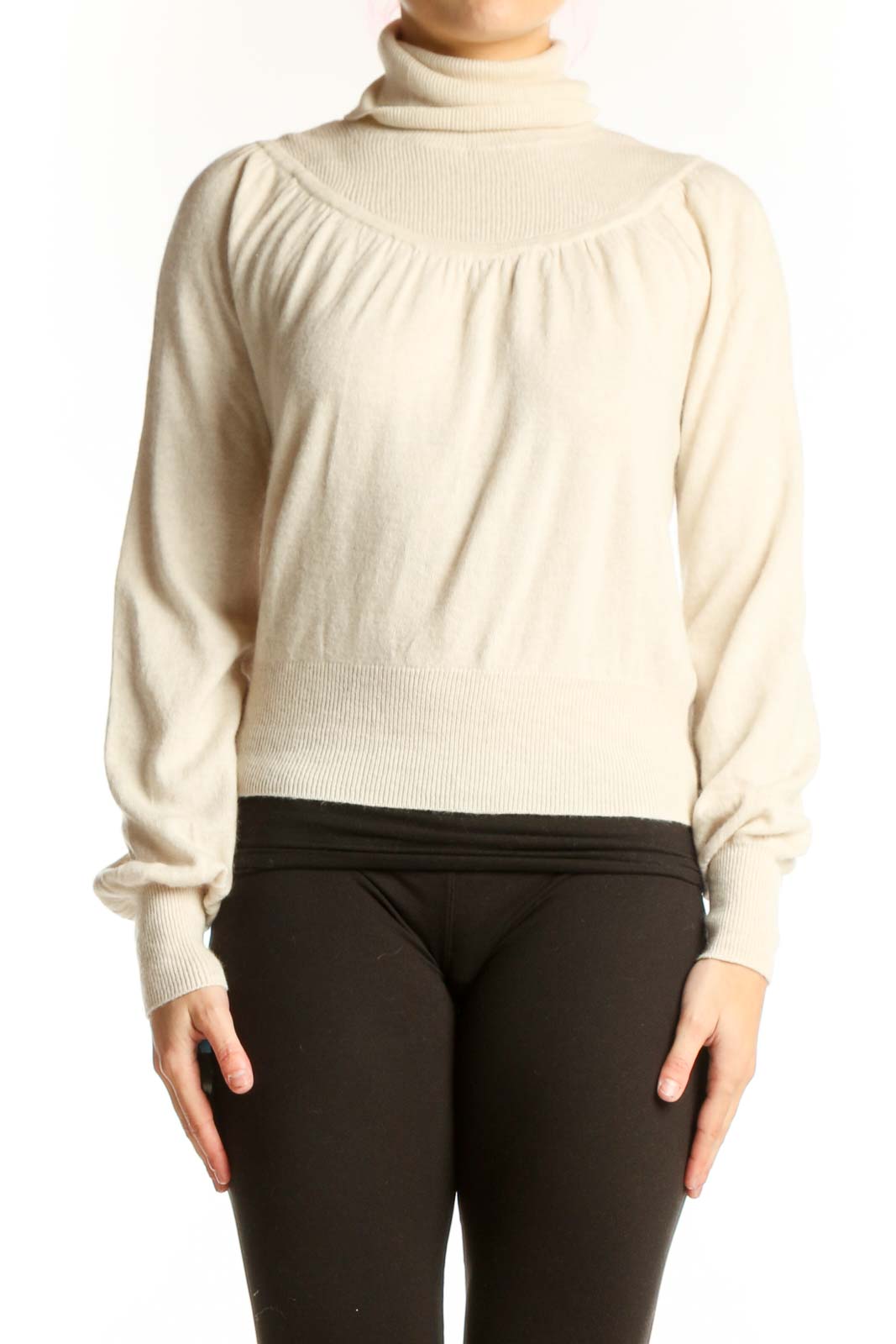 Cream Turtleneck Pullover Sweater Front