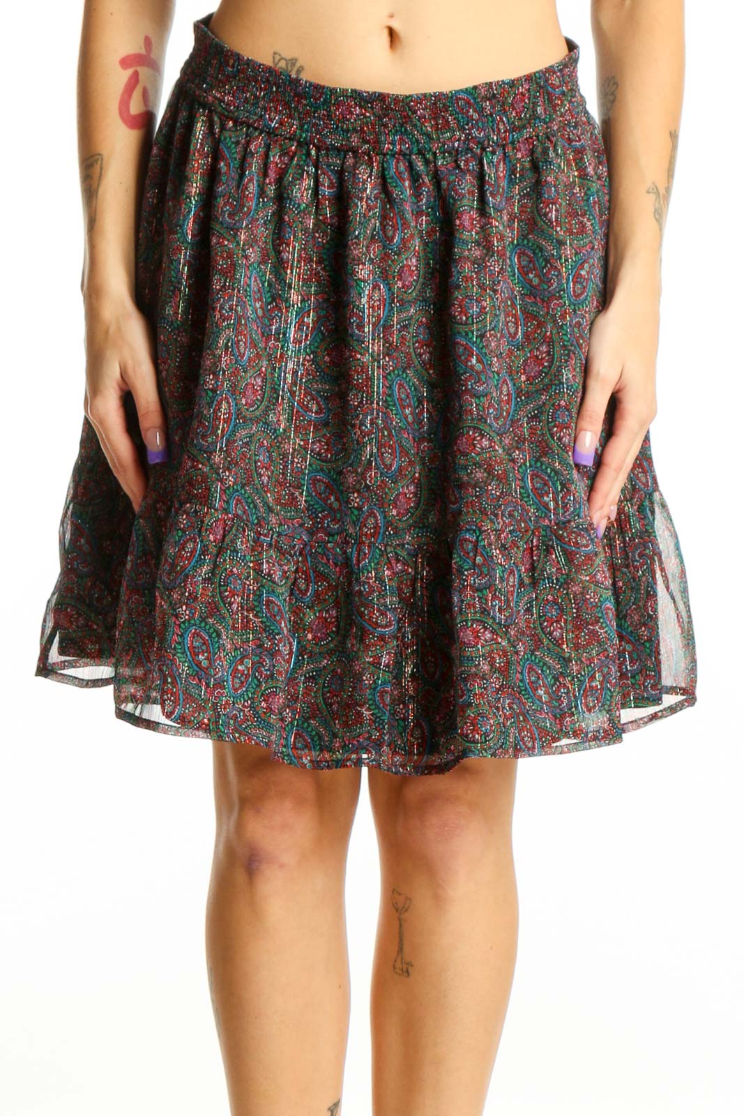 Multicolor Paisley Pleated Skater Skirt Front