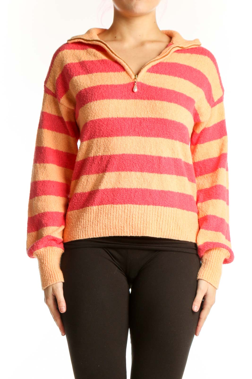 Pink Striped Hooded Cotton Knit Sweater Front