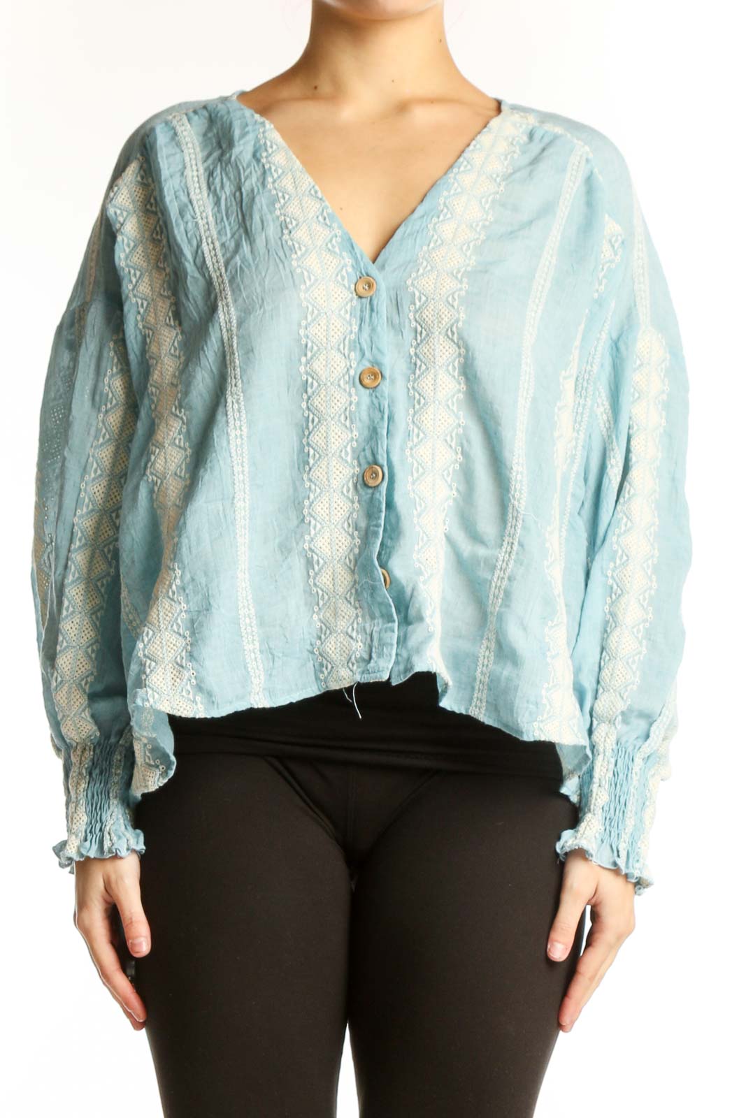Blue Lace Button-Up Cropped Blouse Front