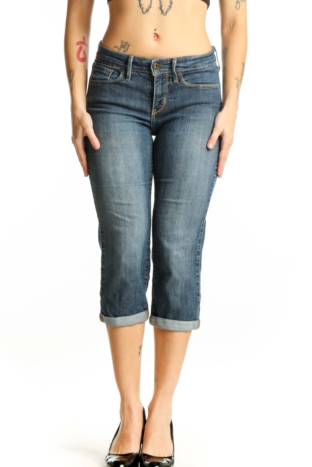 Blue Denim Capri Jeans with Rolled Cuffs Front
