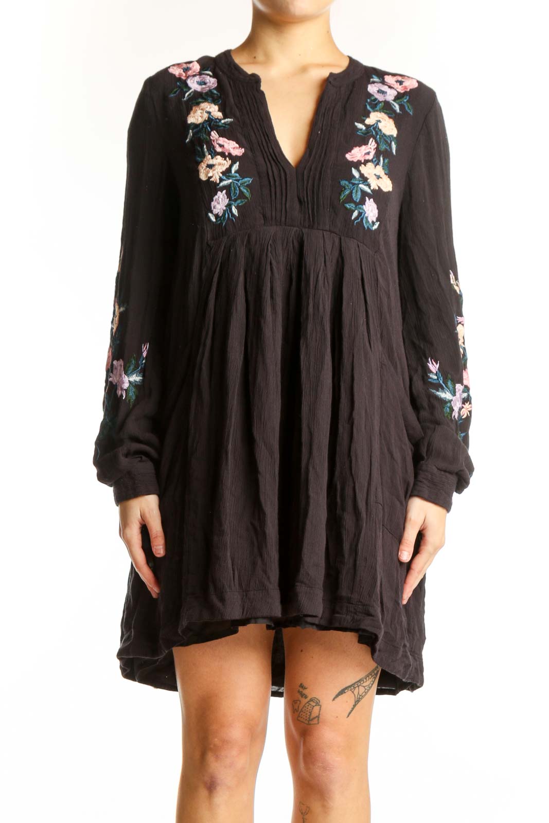 Black Floral Embroidered Modal Dress Front