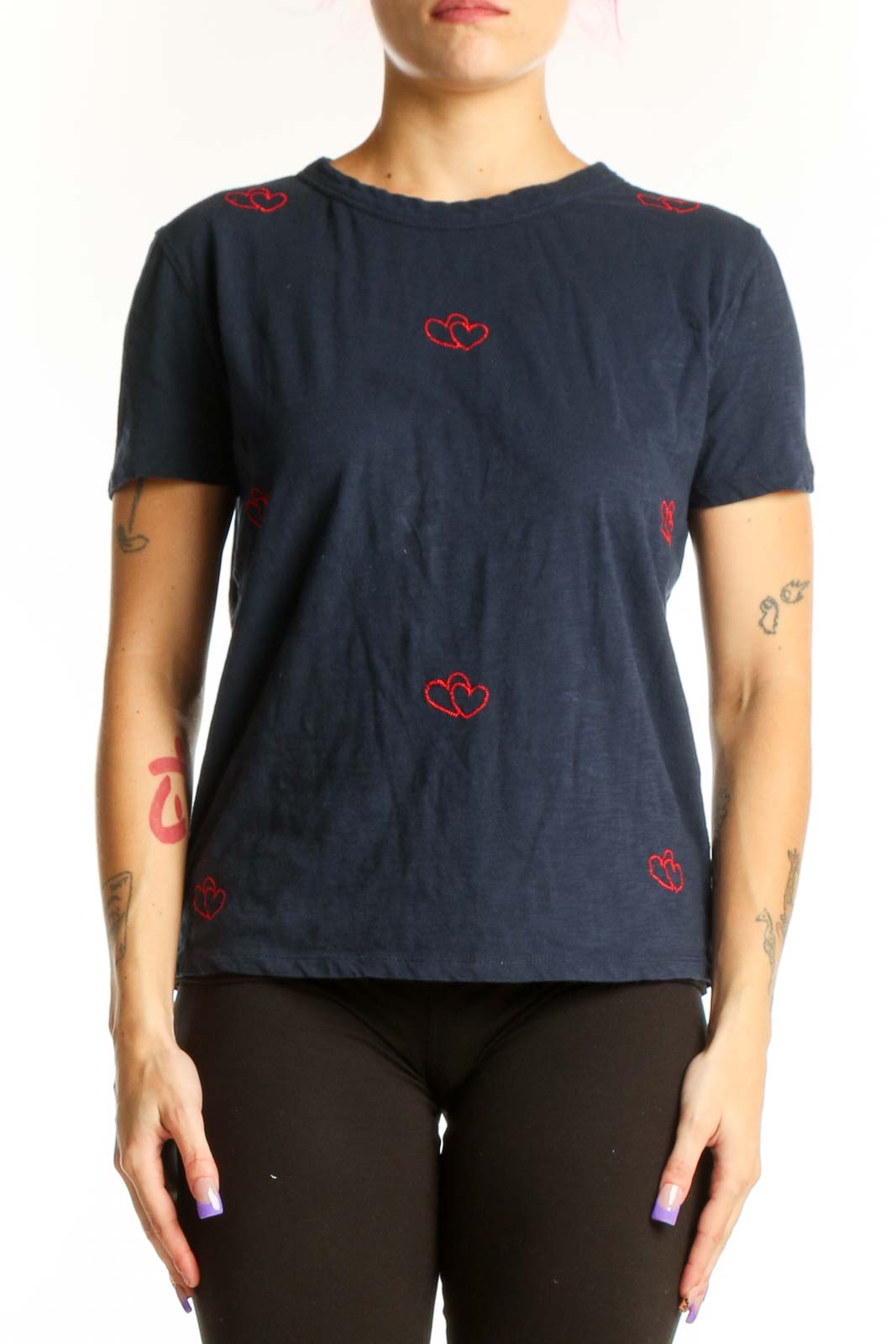 Navy Heart Embroidered Cotton T-Shirt Front
