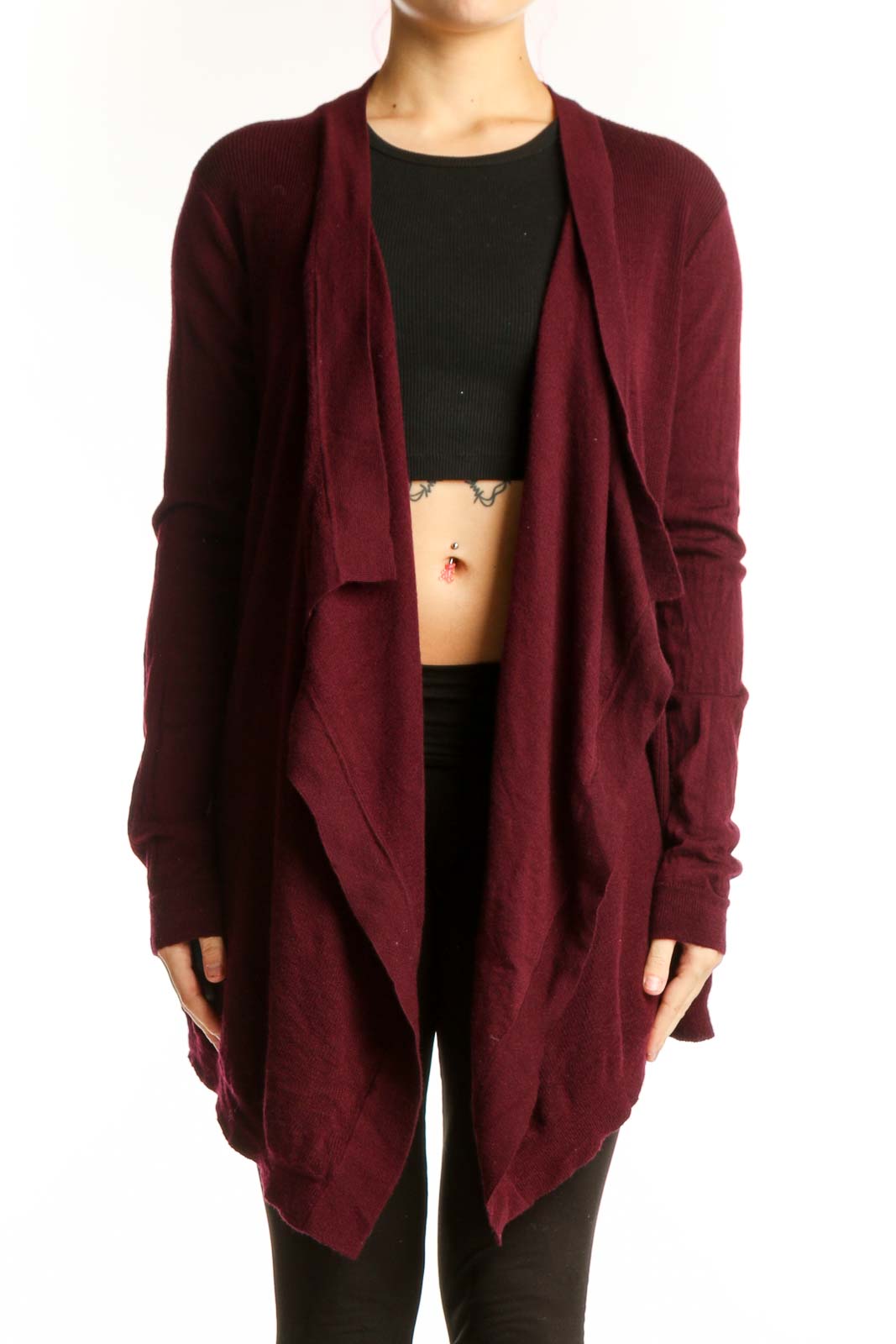 Burgundy Merino Wool Open Cardigan Front