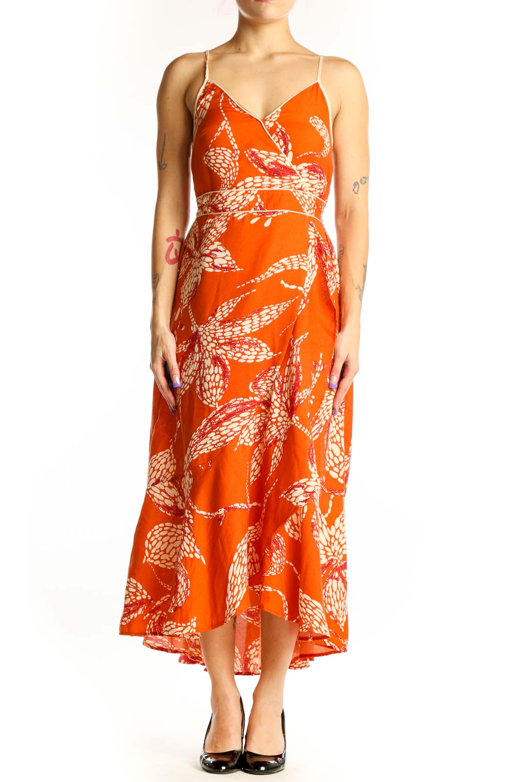 Orange Floral Wrap Midi Dress Front