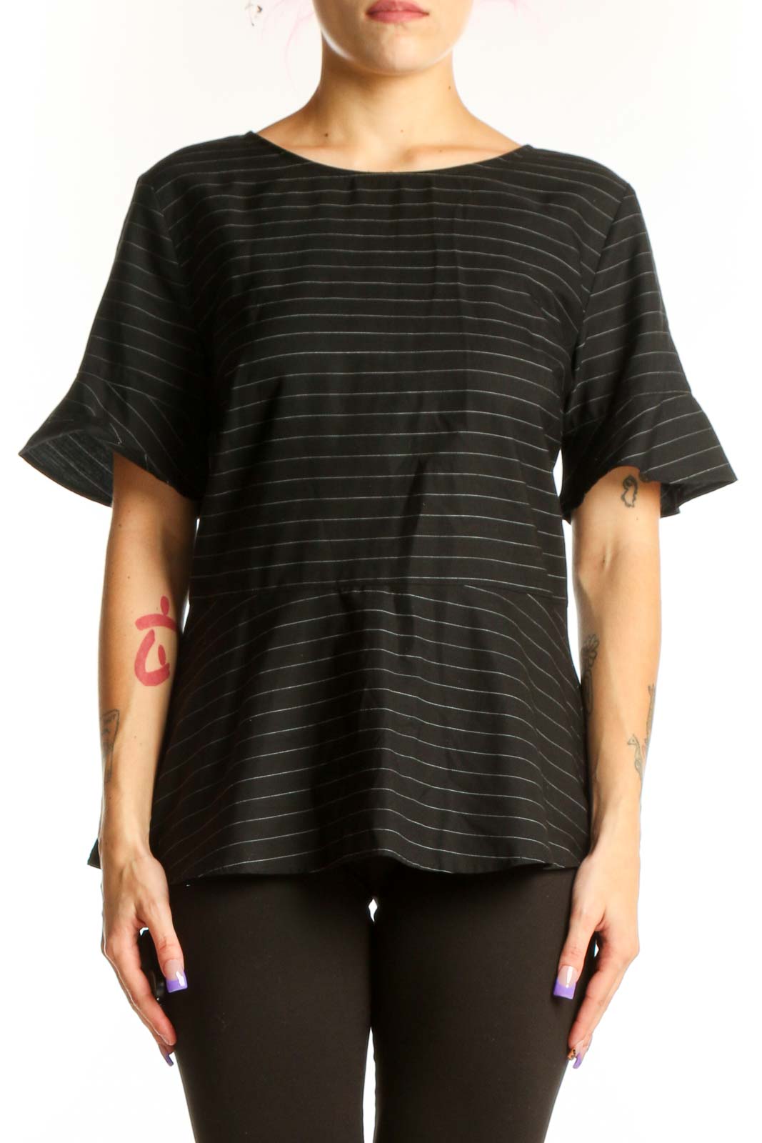Black Striped Lyocell Short Sleeve Top Front