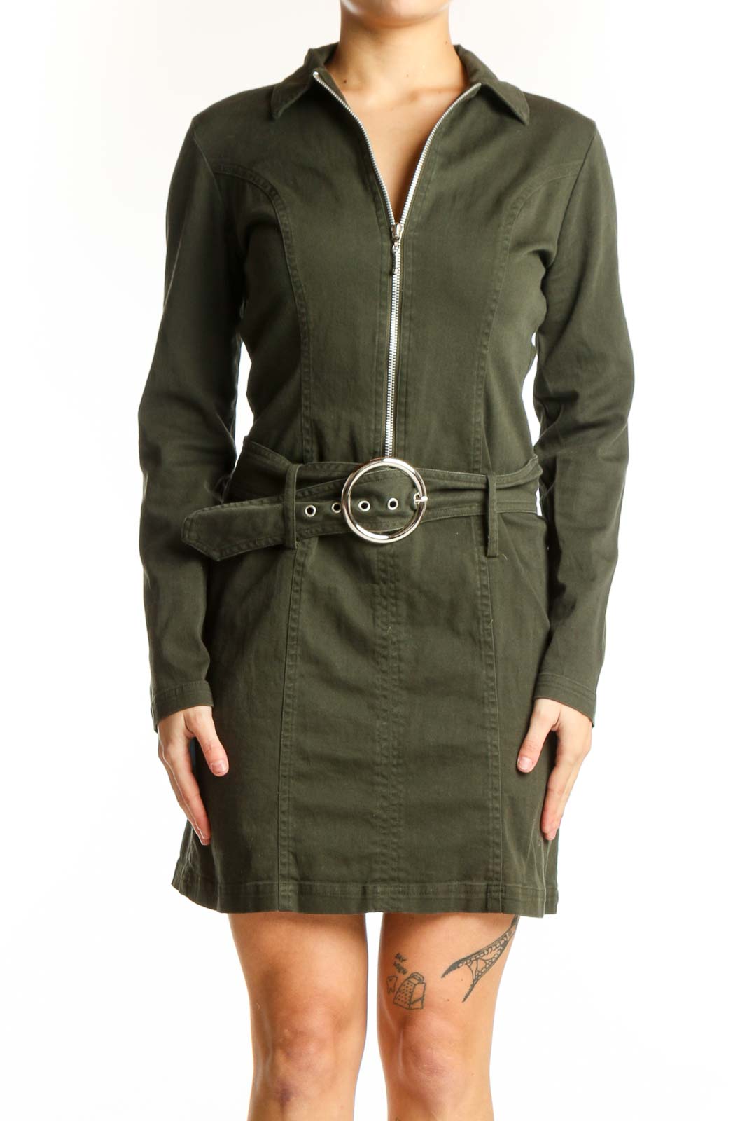Olive Green Belted Shirt Dress Front