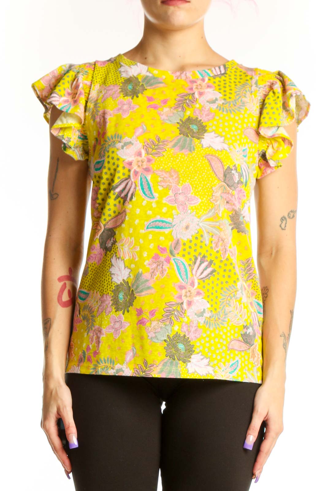 Yellow Floral Ruffle Cap Sleeve Top Front