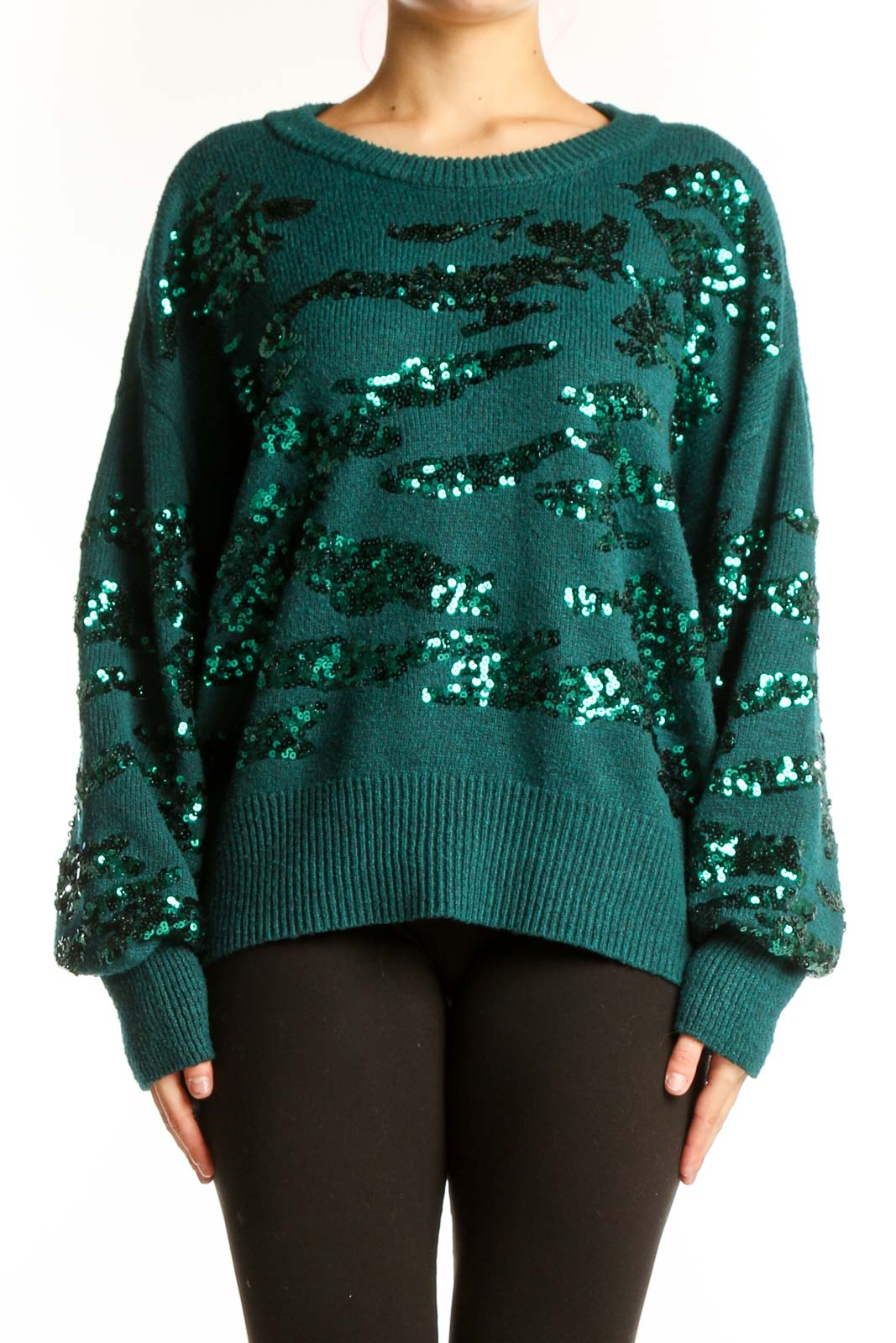 Teal Sequin Embellished Knit Pullover Front