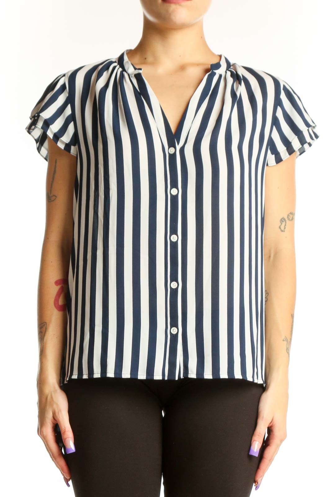 Navy Striped Short Sleeve Button-Up Top Front