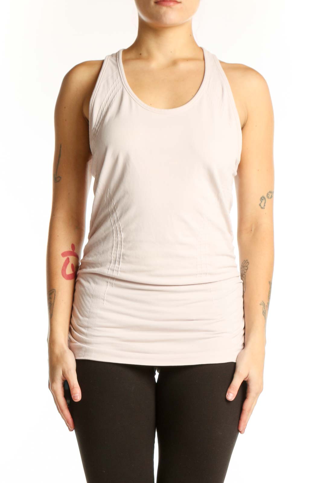 Cream Ruched Racerback Athletic Tank Top Front