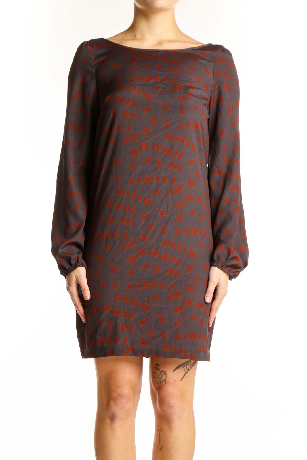 Red Abstract Print Long Sleeve Dress Front