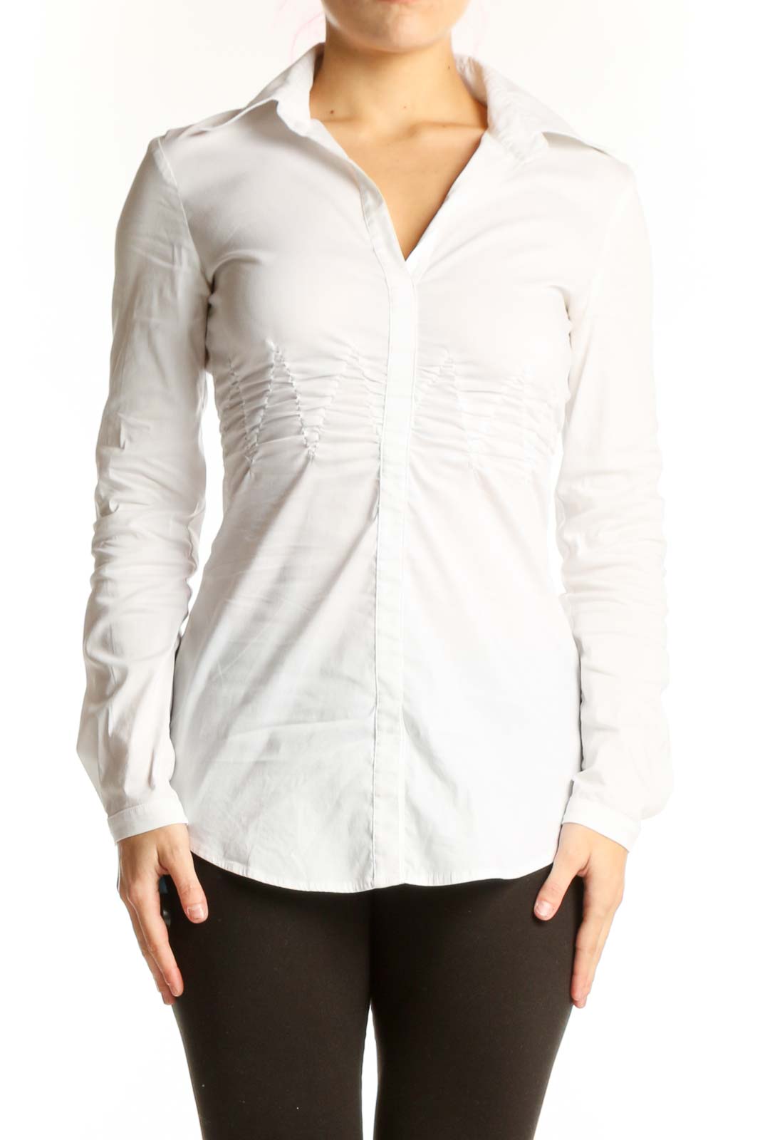 White Ruched Button-Up Blouse Front
