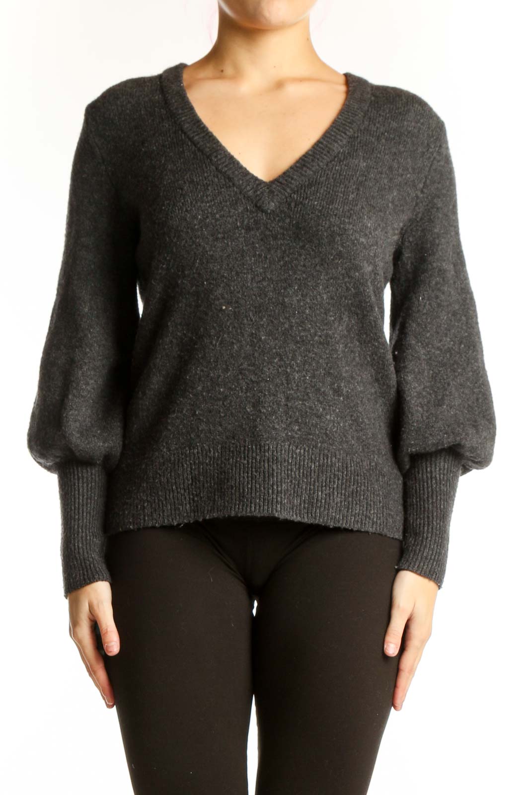 Charcoal Wool Blend V-Neck Pullover Sweater Front