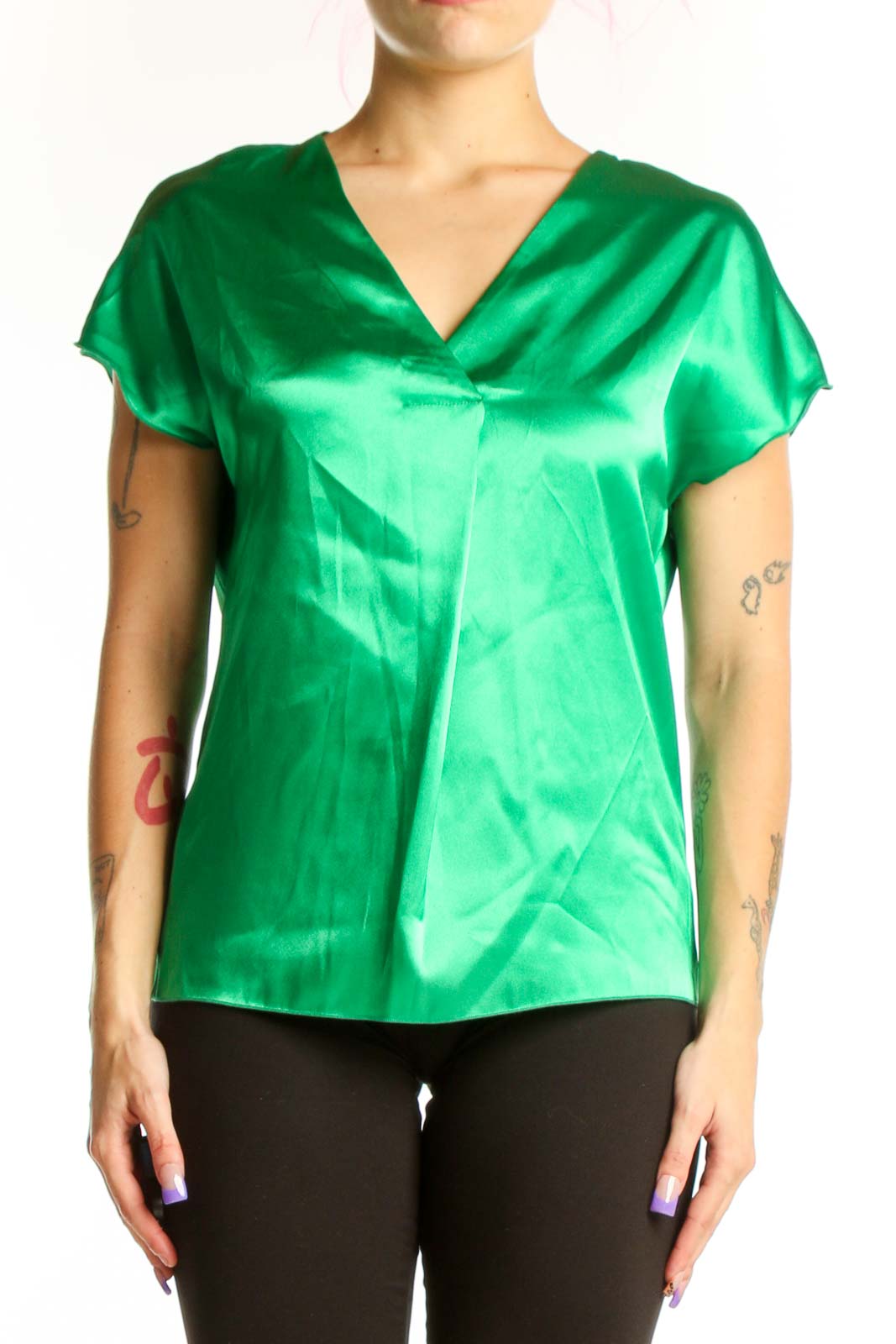 Green Satin V-Neck Short Sleeve Top Front