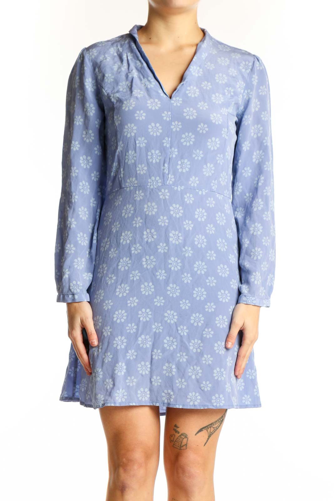Blue Floral Silk Long Sleeve Dress Front