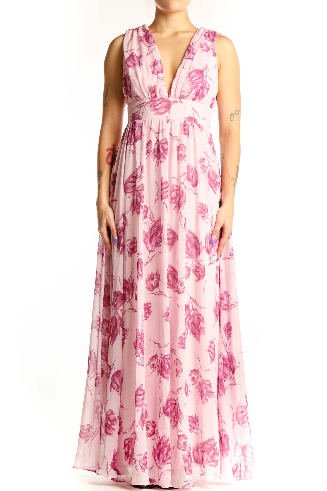 Pink Floral V-Neck Maxi Dress Front