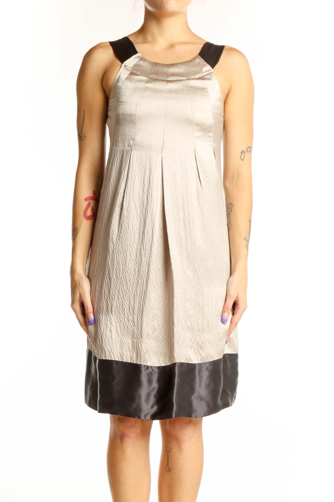 Cream Colorblock Silk Polyester Dress Front