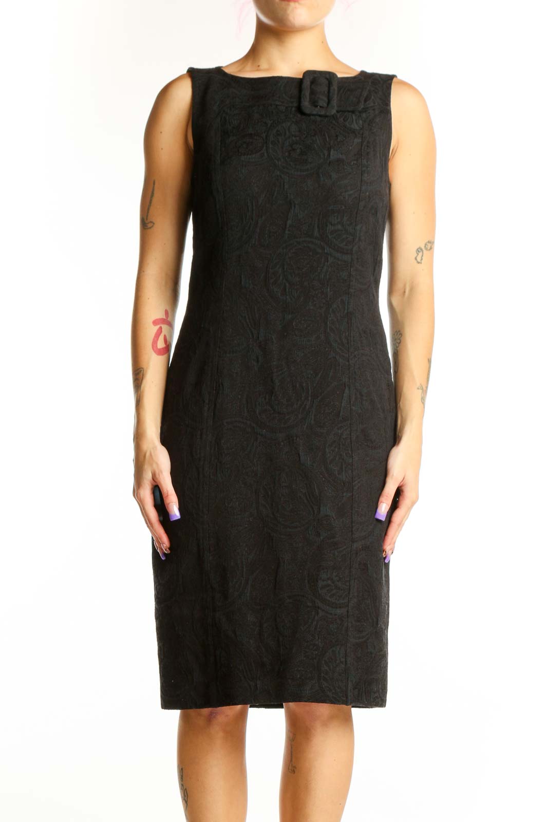 Black Jacquard Sleeveless Sheath Dress Front