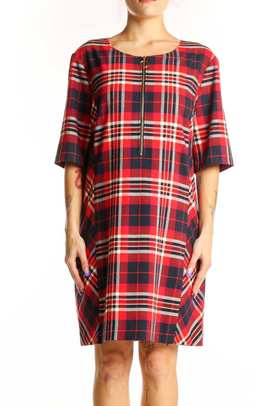 Red Plaid Half Sleeve Shift Dress Front