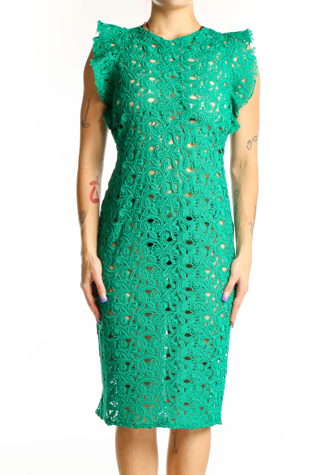 Green Lace Ruffle Sleeve Midi Dress Front