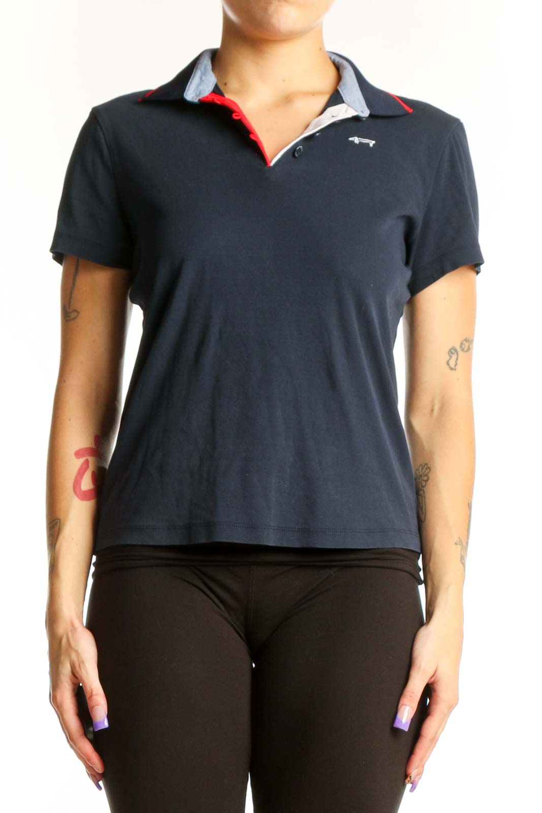 Navy Cotton Polo Shirt with Contrast Collar Front