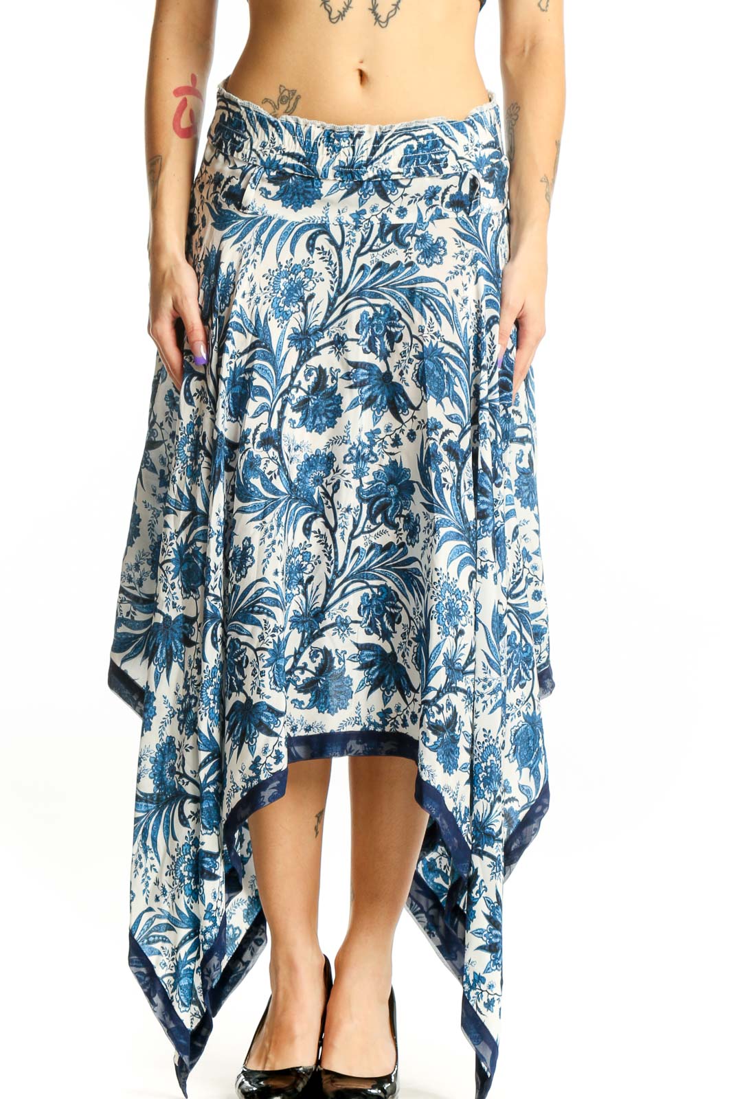 Blue Floral Handkerchief Hem Skirt Front